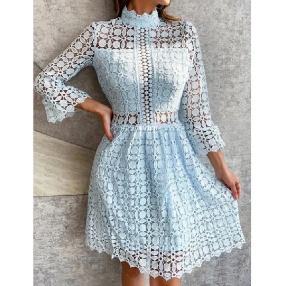 Classic Lace Frill Neck Long Sleeve Party Dress - Picture 4 of 13